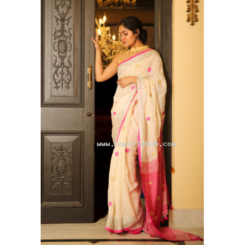 Pure Handloom Zari Embroidered Linen Saree – HJ074 - White/Pink