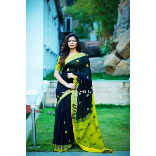 Pure Handloom Zari Embroidered Linen Saree – HJ075 - Black/Green