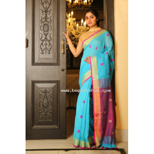 Pure Handloom Zari Embroidered Linen Saree – HJ076 - Light Blue/Pink