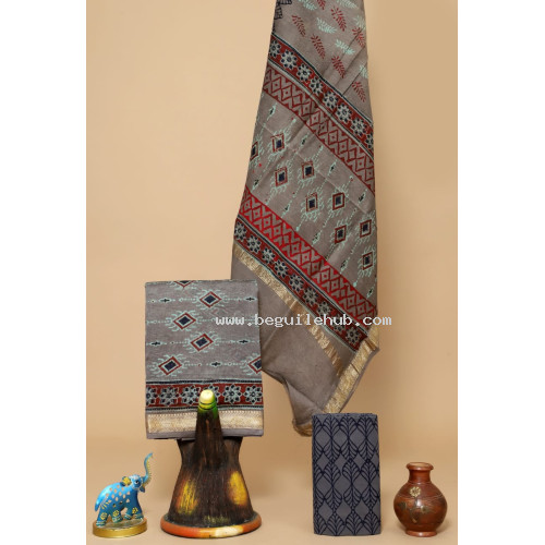 Unstitched Hand block Printed Salwar Suit in Maheshwari Silk - IH007
