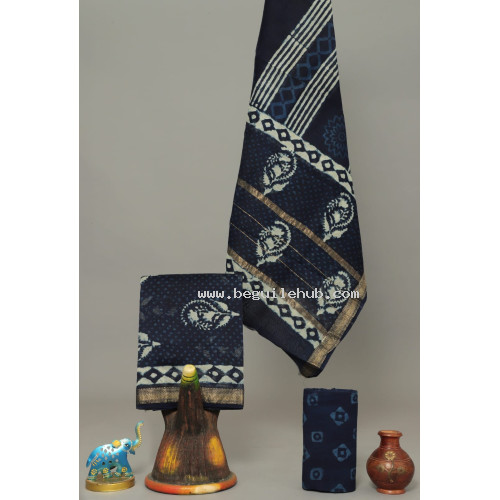 Unstitched Hand block Printed Salwar Suit in Maheshwari Silk - IH010