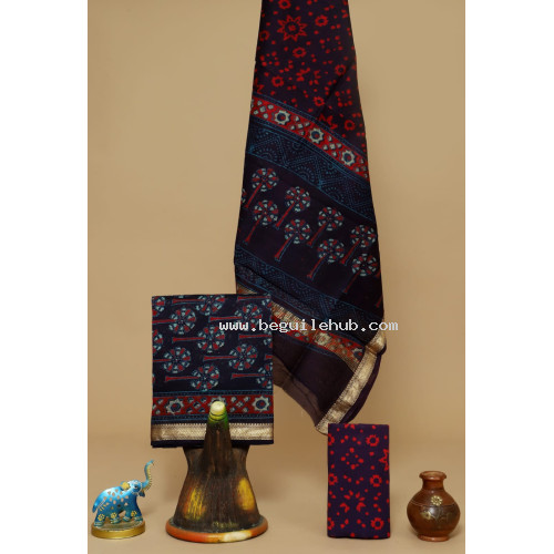 Unstitched Hand block Printed Salwar Suit in Maheshwari Silk - IH013
