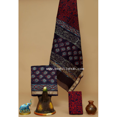 Unstitched Hand block Printed Salwar Suit in Maheshwari Silk - IH014