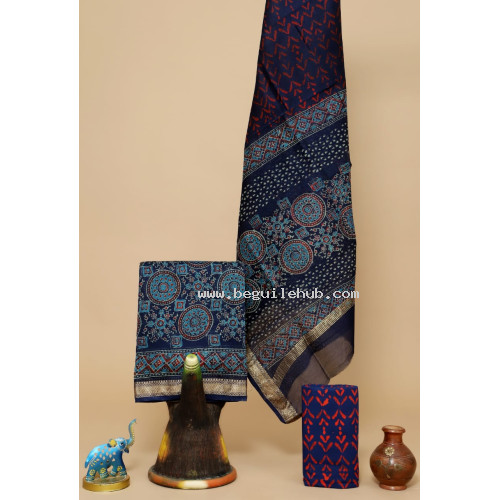 Unstitched Hand block Printed Salwar Suit in Maheshwari Silk - IH015