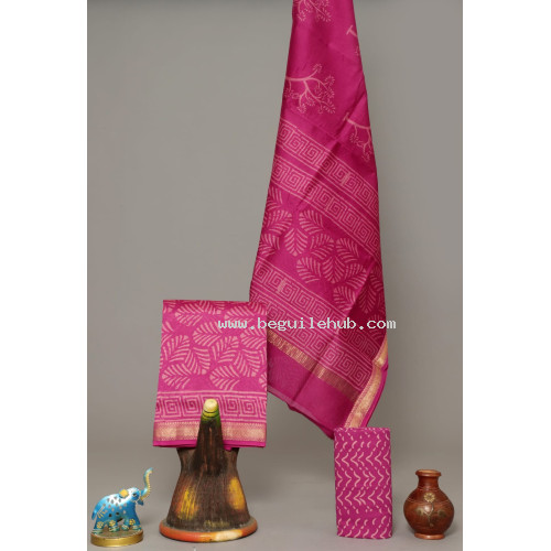Unstitched Hand block Printed Salwar Suit in Maheshwari Silk - IH016