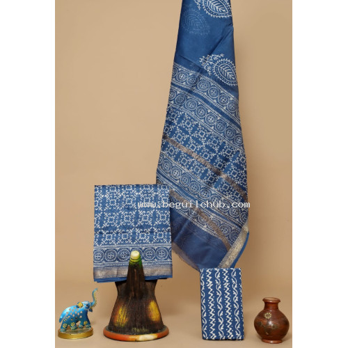 Unstitched Hand block Printed Salwar Suit in Maheshwari Silk - IH019