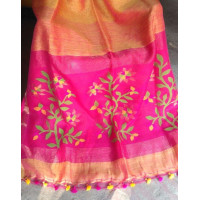 Orange & Pink Linen Silk Jamdani saree   