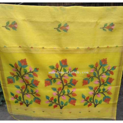 Yellow Linen Silk Jamdani Saree