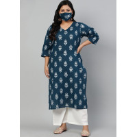 Teal Blue Printed Straight Kurta with V Neck & Three Quarter Sleeves In Plus Sizes - KSV043 - Teal Blue