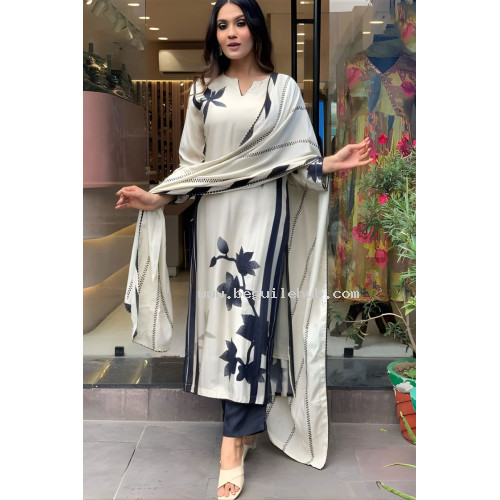 Off White Muslin Kurta With Printed Flowers - LF261