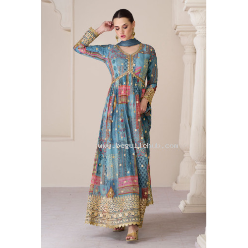 Beautiful Premium Organza Silk Salwar With Heavy Thread Embroidery Sequins Work - LF159 - Blue