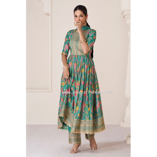Beautiful Premium Organza Silk Salwar With Heavy Thread Embroidery Sequins Work - LF161 - Sea Green