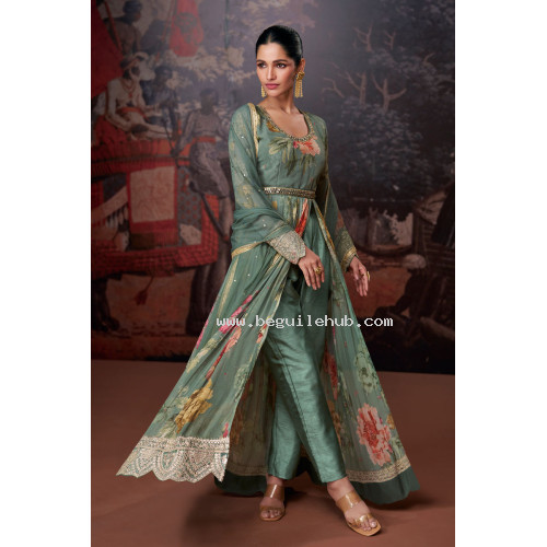 Lovely Sea Green Real Georgette Top with Premium Silk Bottom and Net Dupatta - LF201