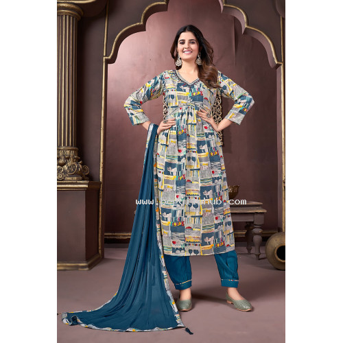 Premium Rayon Multicolor Salwar with Print and Hand Work on Neck Line - LF210