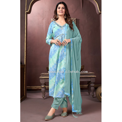 Premium Rayon Sky Blue & Mint Salwar with Print and Hand Work on Neck Line - LF214