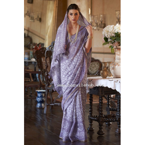 Printed Cotton Saree - LF139 - Lavender