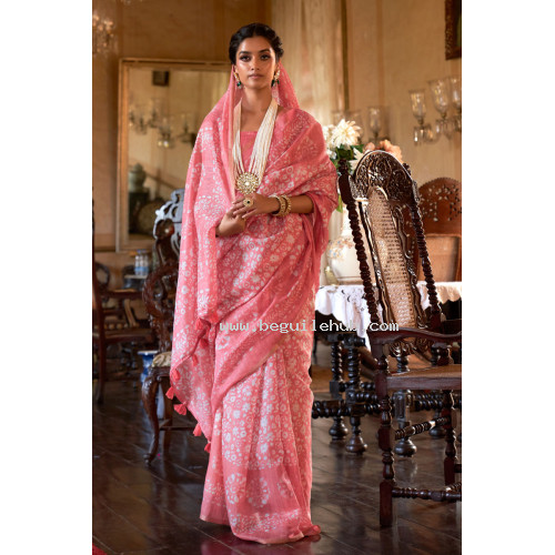 Printed Cotton Saree - LF140 - Pink