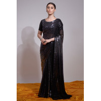 Beautiful Heavy Thread Embroidery Saree With Multicolor Sequins Work - LF152 - Black