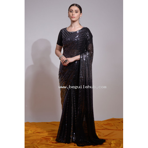 Beautiful Heavy Thread Embroidery Saree With Multicolor Sequins Work - LF152 - Black