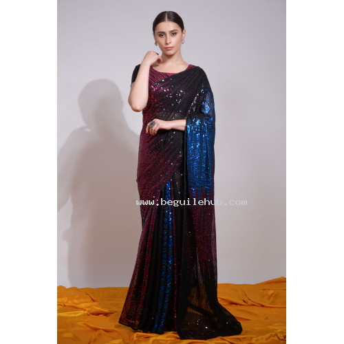 Beautiful Heavy Thread Embroidery Saree With Multicolor Sequins Work - LF154 - Black