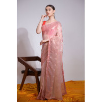 Beautiful Heavy Thread Embroidery Saree With Sequins Work - LF157 - Peach
