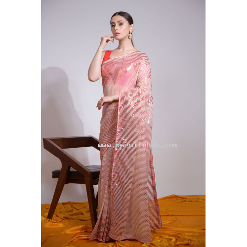 Beautiful Heavy Thread Embroidery Saree With Sequins Work - LF157 - Peach