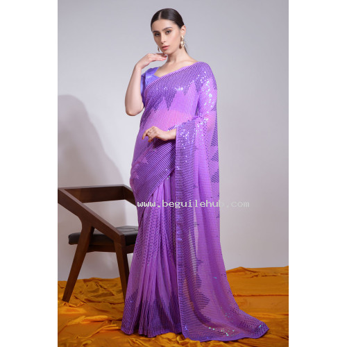 Beautiful Heavy Thread Embroidery Saree With Sequins Work - LF158 - Violet