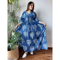 Hand Block Printed Cotton Kaftans Nightwear - SJ005 - Blue, Light Blue, Yellow