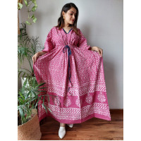 Hand Block Printed Cotton Kaftans Nightwear - SJ007 - Pink, Grey, Red