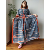 Hand Block Printed Cotton Kaftans Nightwear - SJ012 - Maroon, Orange, Pink