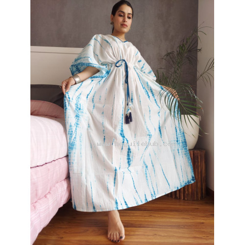 Hand Block Printed Cotton Kaftans Nightwear - SJ013 - Navy Blue, Pink, White