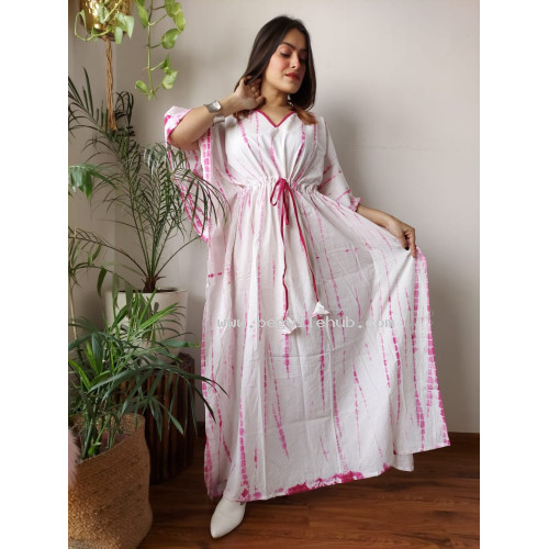 Hand Block Printed Cotton Kaftans Nightwear - SJ016 - Maroon, Pink, White