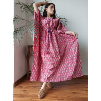Hand Block Printed Cotton Kaftans Nightwear - SJ019 - Light Pink, Pink